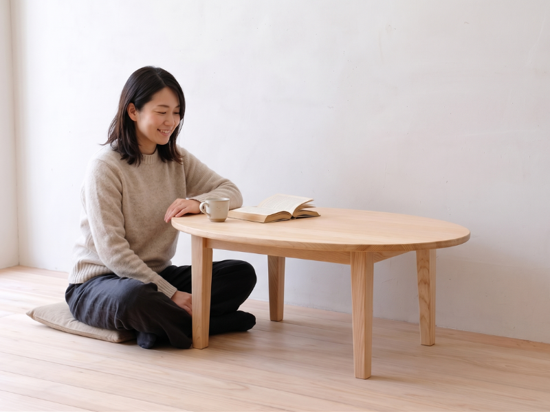 エッグテーブル 卵型のヒノキ無垢 おしゃれ リビングテーブル